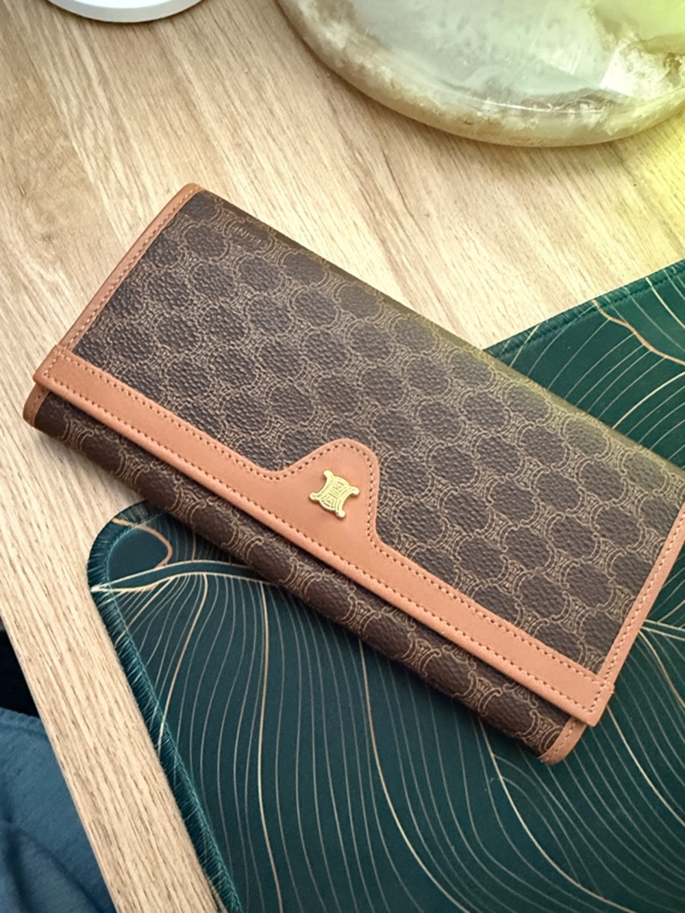 Authentic Vintage Celine Brown Monogram Trifold Wallet with Tan Trim